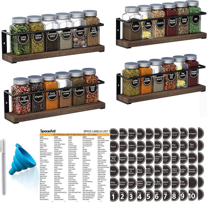 Spice Rack with 24 Spice Jars, 386 Spice Labels, Chalk Marker and Funnel, Wood Hanging Seasoning Shelf for Cabinet Door or Wall Mount (4 Pack)