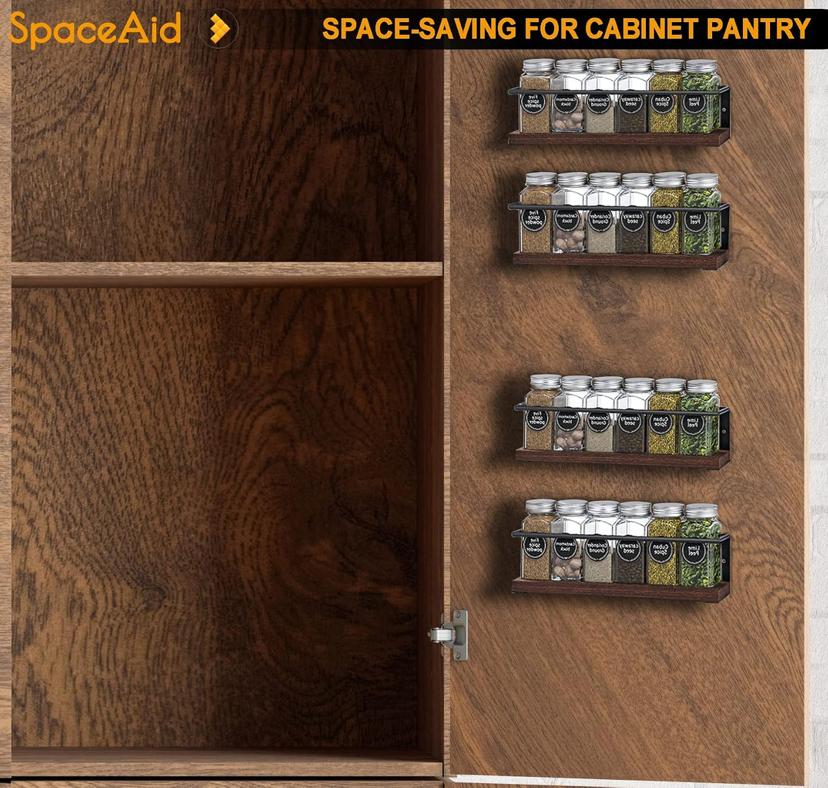 Spice Rack with 24 Spice Jars, 386 Spice Labels, Chalk Marker and Funnel, Wood Hanging Seasoning Shelf for Cabinet Door or Wall Mount (4 Pack)