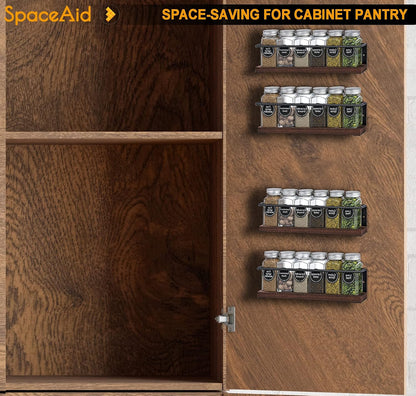 Spice Rack with 24 Spice Jars, 386 Spice Labels, Chalk Marker and Funnel, Wood Hanging Seasoning Shelf for Cabinet Door or Wall Mount (4 Pack)