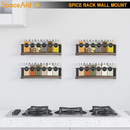 Spice Rack with 24 Spice Jars, 386 Spice Labels, Chalk Marker and Funnel, Wood Hanging Seasoning Shelf for Cabinet Door or Wall Mount (4 Pack)