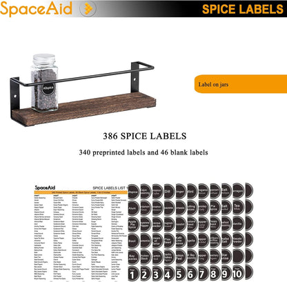 Spice Rack with 24 Spice Jars, 386 Spice Labels, Chalk Marker and Funnel, Wood Hanging Seasoning Shelf for Cabinet Door or Wall Mount (4 Pack)