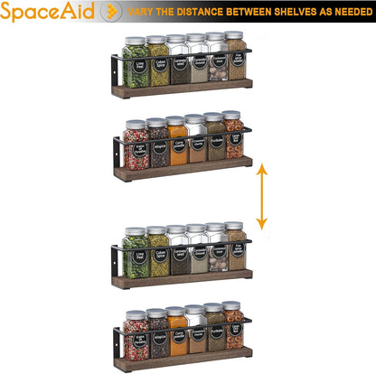 Spice Rack with 24 Spice Jars, 386 Spice Labels, Chalk Marker and Funnel, Wood Hanging Seasoning Shelf for Cabinet Door or Wall Mount (4 Pack)