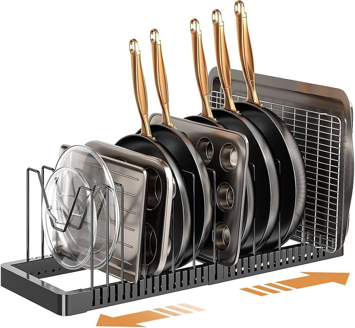 Pots and Pans Organizer under Cabinet, Expandable Pot Lid Organizer Holder with 10 Adjustable Compartment, Pan Organizers inside Cabinet for Lids, Bakeware, Kitchen Storage Pot Rack, Black