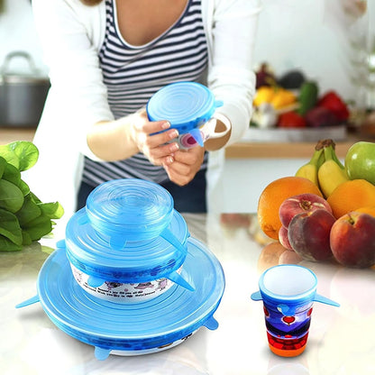 Silicone Stretch Seal Cover, 12 Pcs 6 Size Blue Elastic Silicone Seal Lids for Keeping Food Fresh in Refrigerator and Microwave Oven (blue)
