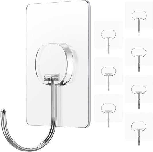 Adhesive Wall Hooks No Drill Large Clear Heavy Duty,13LB Sticky 8 Pack