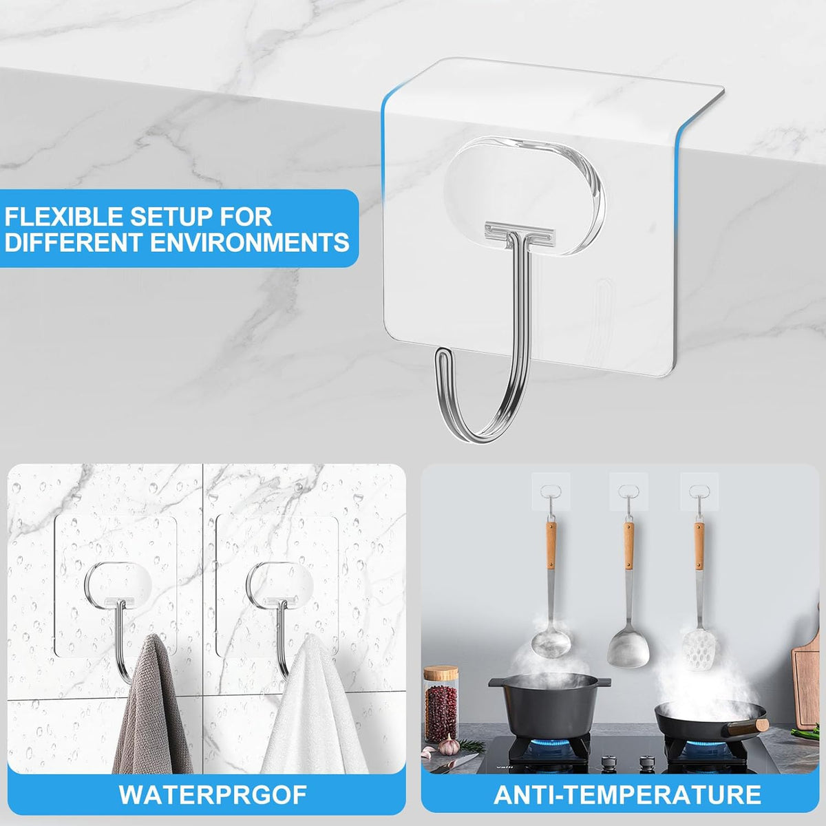 Adhesive Wall Hooks No Drill Large Clear Heavy Duty,13LB Sticky 8 Pack