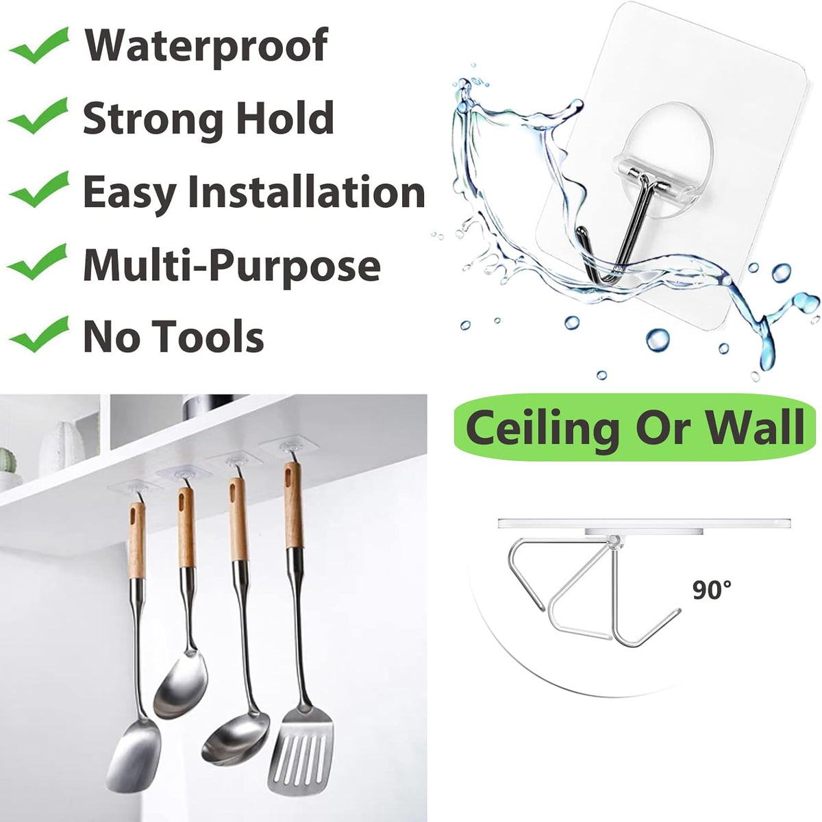 Adhesive Wall Hooks No Drill Large Clear Heavy Duty,13LB Sticky 8 Pack