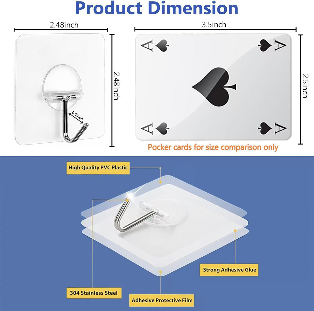 Adhesive Wall Hooks No Drill Large Clear Heavy Duty,13LB Sticky 8 Pack