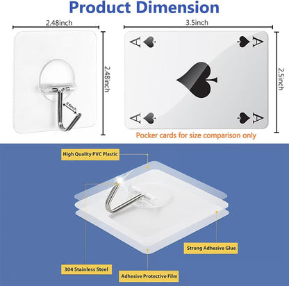 Adhesive Wall Hooks No Drill Large Clear Heavy Duty,13LB Sticky 8 Pack