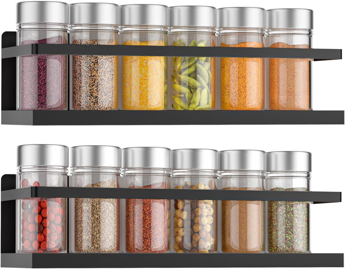 Magnetic Spice Rack for Refrigerator, Magnetic Fridge Shelf for Kitchen Spice Organizer, Spice Rack Wall Mount, Fridge Organizers and Storage (2, Black)
