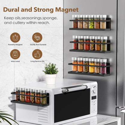 Magnetic Spice Rack for Refrigerator, Magnetic Fridge Shelf for Kitchen Spice Organizer, Spice Rack Wall Mount, Fridge Organizers and Storage (2, Black)