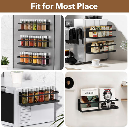 Magnetic Spice Rack for Refrigerator, Magnetic Fridge Shelf for Kitchen Spice Organizer, Spice Rack Wall Mount, Fridge Organizers and Storage (2, Black)