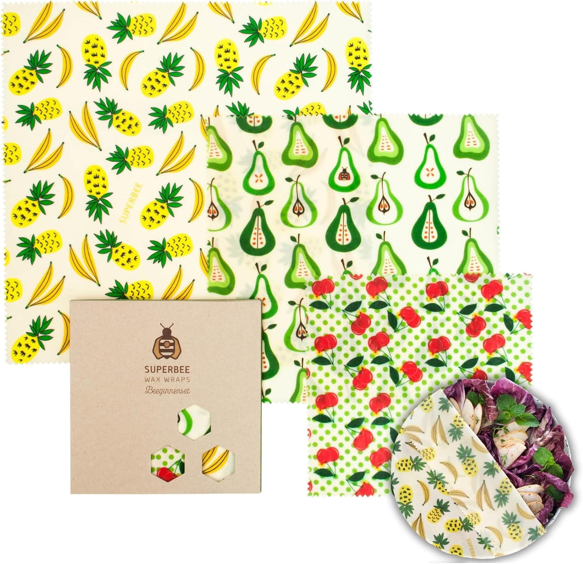 Beeswax Wrap for Food, Set of 3 Bees Wax Wraps, Reusable Bees Paper for Wrapping Vegetables, Cheese, Bowl Covers and Sandwich Wrapping Paper, Beeswax Food Wraps (Fruit Punch)