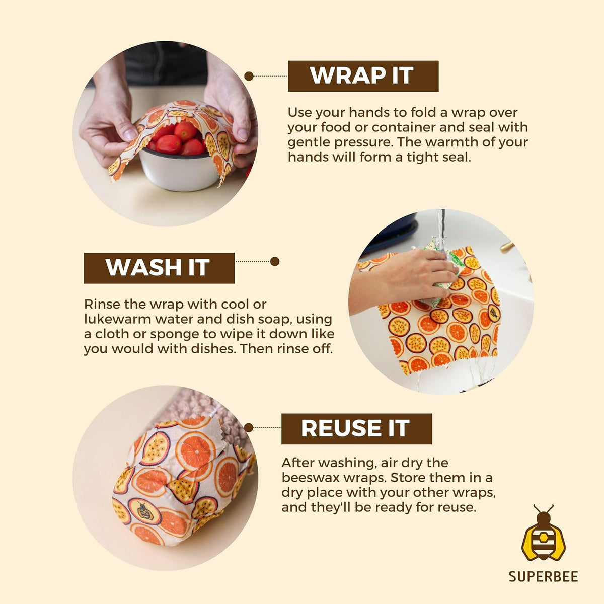 Beeswax Wrap for Food, Set of 3 Bees Wax Wraps, Reusable Bees Paper for Wrapping Vegetables, Cheese, Bowl Covers and Sandwich Wrapping Paper, Beeswax Food Wraps (Fruit Punch)