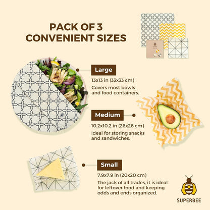 Beeswax Wrap for Food, Set of 3 Bees Wax Wraps, Reusable Bees Paper for Wrapping Vegetables, Cheese, Bowl Covers and Sandwich Wrapping Paper, Beeswax Food Wraps (Fruit Punch)