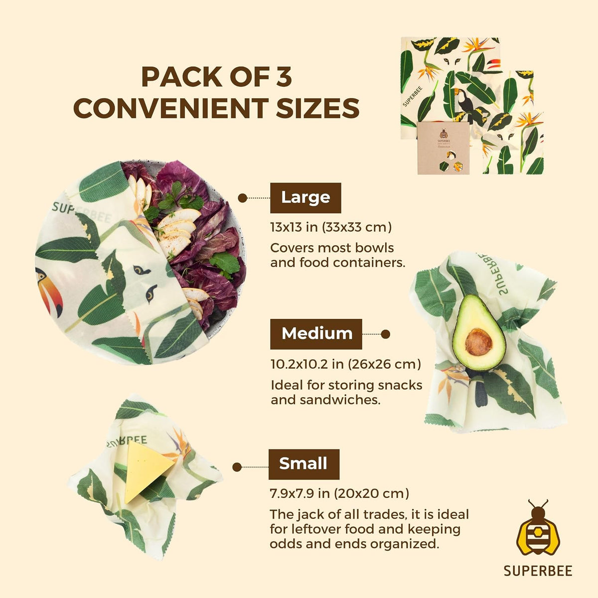Beeswax Wrap for Food, Set of 3 Bees Wax Wraps, Reusable Bees Paper for Wrapping Vegetables, Cheese, Bowl Covers and Sandwich Wrapping Paper, Beeswax Food Wraps (Fruit Punch)