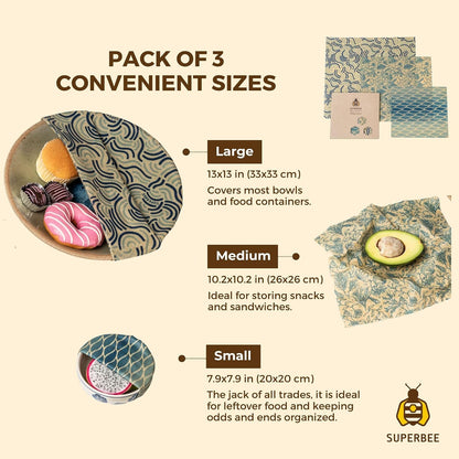 Beeswax Wrap for Food, Set of 3 Bees Wax Wraps, Reusable Bees Paper for Wrapping Vegetables, Cheese, Bowl Covers and Sandwich Wrapping Paper, Beeswax Food Wraps (Fruit Punch)