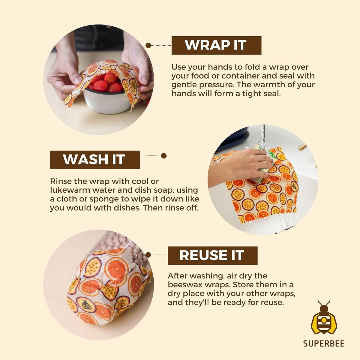 Beeswax Wrap for Food, Set of 3 Bees Wax Wraps, Reusable Bees Paper for Wrapping Vegetables, Cheese, Bowl Covers and Sandwich Wrapping Paper, Beeswax Food Wraps (Fruit Punch)