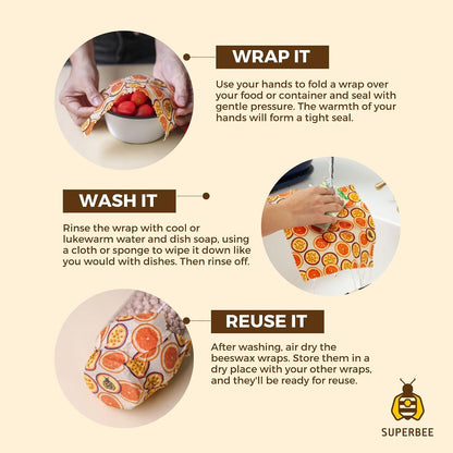 Beeswax Wrap for Food, Set of 3 Bees Wax Wraps, Reusable Bees Paper for Wrapping Vegetables, Cheese, Bowl Covers and Sandwich Wrapping Paper, Beeswax Food Wraps (Fruit Punch)