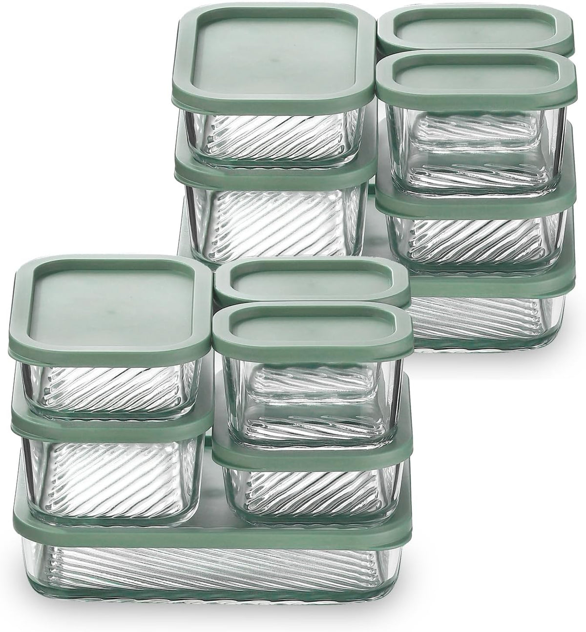 Glass Meal Prep Containers with Grooved Base, 12 Stackable BPA Free Glass Storage Containers with Lids for Lunch, Pantry, and Kitchen - Microwave, Dishwasher Freezer & Oven Safe - Sage