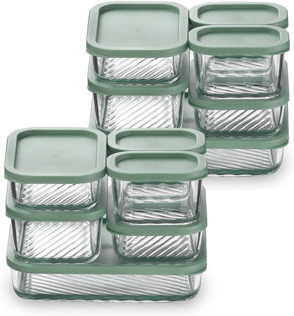 Glass Meal Prep Containers with Grooved Base, 12 Stackable BPA Free Glass Storage Containers with Lids for Lunch, Pantry, and Kitchen - Microwave, Dishwasher Freezer & Oven Safe - Sage