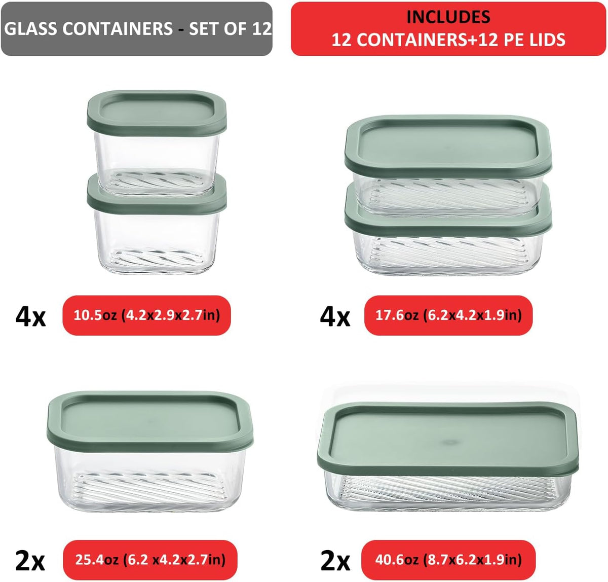Glass Meal Prep Containers with Grooved Base, 12 Stackable BPA Free Glass Storage Containers with Lids for Lunch, Pantry, and Kitchen - Microwave, Dishwasher Freezer & Oven Safe - Sage