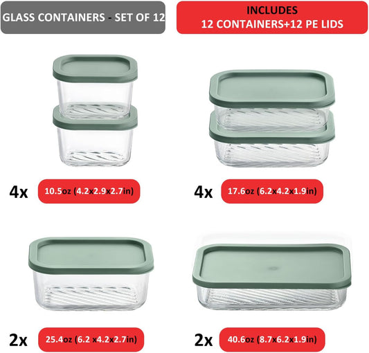 Glass Meal Prep Containers with Grooved Base, 12 Stackable BPA Free Glass Storage Containers with Lids for Lunch, Pantry, and Kitchen - Microwave, Dishwasher Freezer & Oven Safe - Sage