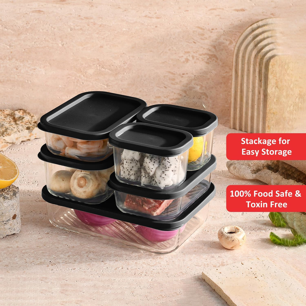 Glass Meal Prep Containers with Grooved Base, 12 Stackable BPA Free Glass Storage Containers with Lids for Lunch, Pantry, and Kitchen - Microwave, Dishwasher Freezer & Oven Safe - Sage