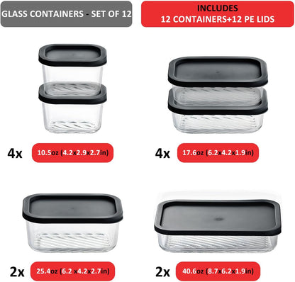 Glass Meal Prep Containers with Grooved Base, 12 Stackable BPA Free Glass Storage Containers with Lids for Lunch, Pantry, and Kitchen - Microwave, Dishwasher Freezer & Oven Safe - Sage
