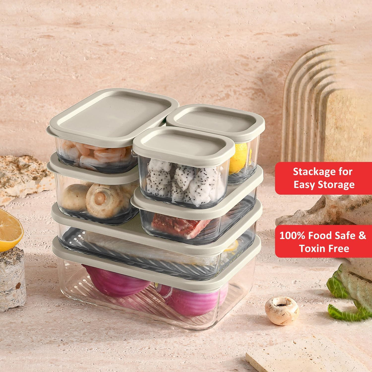 Glass Meal Prep Containers with Grooved Base, 12 Stackable BPA Free Glass Storage Containers with Lids for Lunch, Pantry, and Kitchen - Microwave, Dishwasher Freezer & Oven Safe - Sage