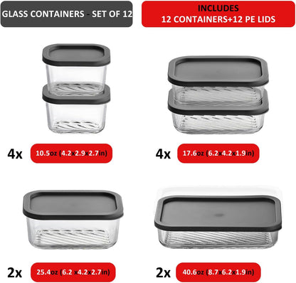 Glass Meal Prep Containers with Grooved Base, 12 Stackable BPA Free Glass Storage Containers with Lids for Lunch, Pantry, and Kitchen - Microwave, Dishwasher Freezer & Oven Safe - Sage