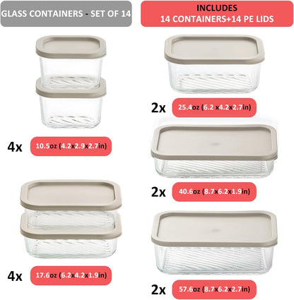 Glass Meal Prep Containers with Grooved Base, 12 Stackable BPA Free Glass Storage Containers with Lids for Lunch, Pantry, and Kitchen - Microwave, Dishwasher Freezer & Oven Safe - Sage