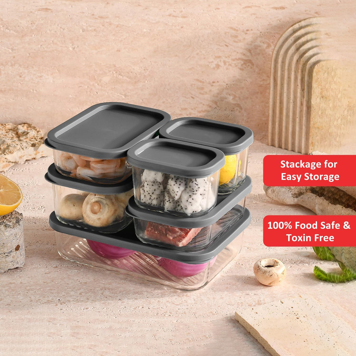 Glass Meal Prep Containers with Grooved Base, 12 Stackable BPA Free Glass Storage Containers with Lids for Lunch, Pantry, and Kitchen - Microwave, Dishwasher Freezer & Oven Safe - Sage