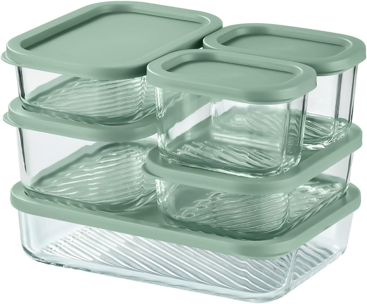 Glass Meal Prep Containers with Grooved Base, 12 Stackable BPA Free Glass Storage Containers with Lids for Lunch, Pantry, and Kitchen - Microwave, Dishwasher Freezer & Oven Safe - Sage