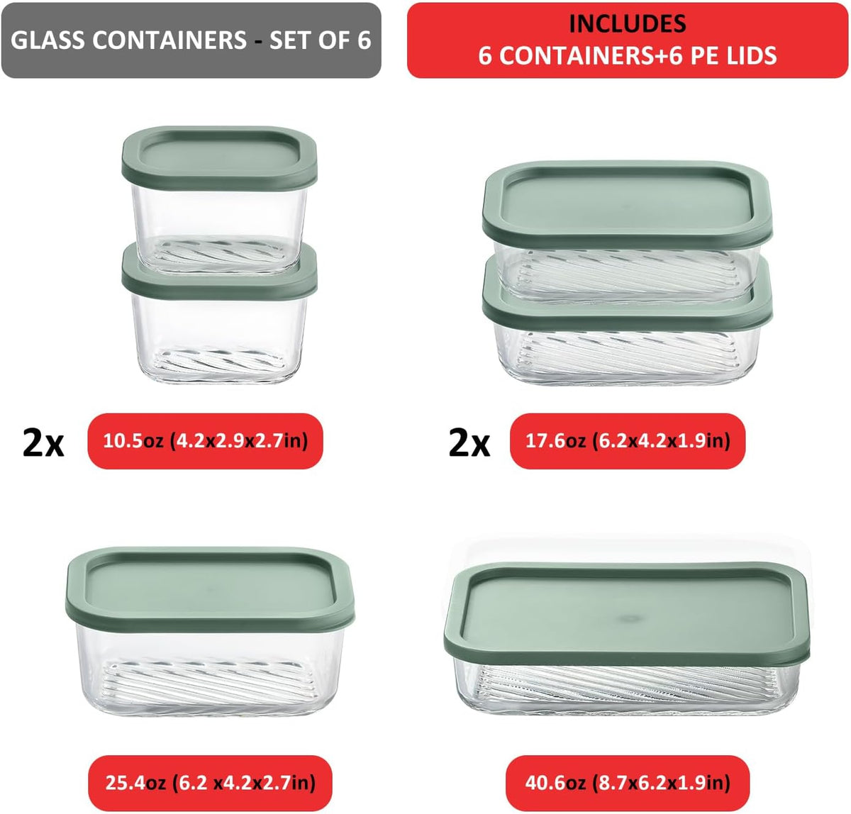 Glass Meal Prep Containers with Grooved Base, 12 Stackable BPA Free Glass Storage Containers with Lids for Lunch, Pantry, and Kitchen - Microwave, Dishwasher Freezer & Oven Safe - Sage