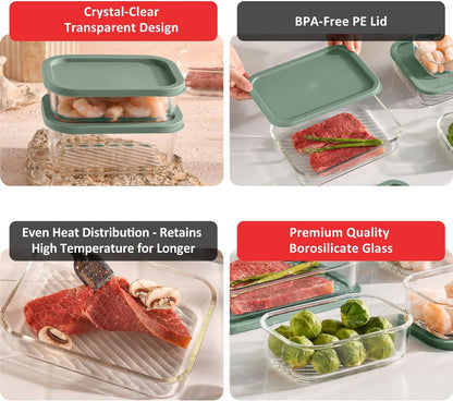 Glass Meal Prep Containers with Grooved Base, 12 Stackable BPA Free Glass Storage Containers with Lids for Lunch, Pantry, and Kitchen - Microwave, Dishwasher Freezer & Oven Safe - Sage