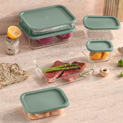 Glass Meal Prep Containers with Grooved Base, 12 Stackable BPA Free Glass Storage Containers with Lids for Lunch, Pantry, and Kitchen - Microwave, Dishwasher Freezer & Oven Safe - Sage