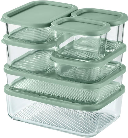 Glass Meal Prep Containers with Grooved Base, 12 Stackable BPA Free Glass Storage Containers with Lids for Lunch, Pantry, and Kitchen - Microwave, Dishwasher Freezer & Oven Safe - Sage