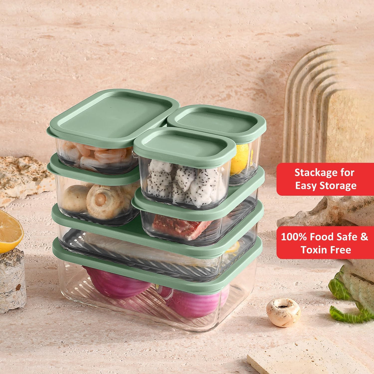 Glass Meal Prep Containers with Grooved Base, 12 Stackable BPA Free Glass Storage Containers with Lids for Lunch, Pantry, and Kitchen - Microwave, Dishwasher Freezer & Oven Safe - Sage