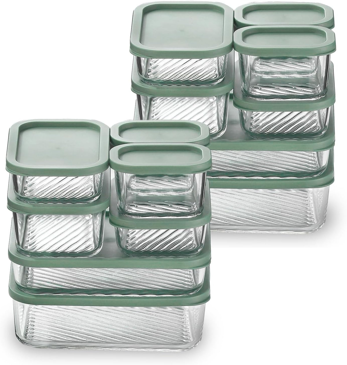 Glass Meal Prep Containers with Grooved Base, 12 Stackable BPA Free Glass Storage Containers with Lids for Lunch, Pantry, and Kitchen - Microwave, Dishwasher Freezer & Oven Safe - Sage
