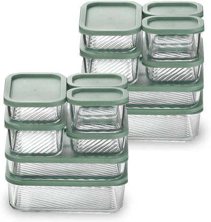 Glass Meal Prep Containers with Grooved Base, 12 Stackable BPA Free Glass Storage Containers with Lids for Lunch, Pantry, and Kitchen - Microwave, Dishwasher Freezer & Oven Safe - Sage