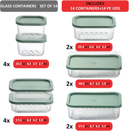 Glass Meal Prep Containers with Grooved Base, 12 Stackable BPA Free Glass Storage Containers with Lids for Lunch, Pantry, and Kitchen - Microwave, Dishwasher Freezer & Oven Safe - Sage