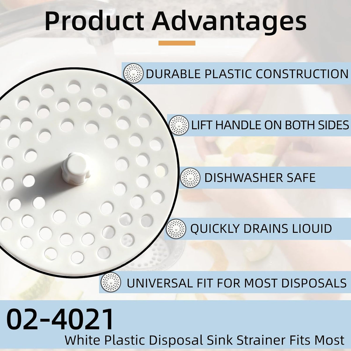 02-4021 White Plastic Disposal Sink Strainer (3.13in) is Suitable for Most Kitchen Drain Pipes, Replaces the Garbage Disposer Plug, and is Easy to Install a Basket Filter for Sink Drain Capture