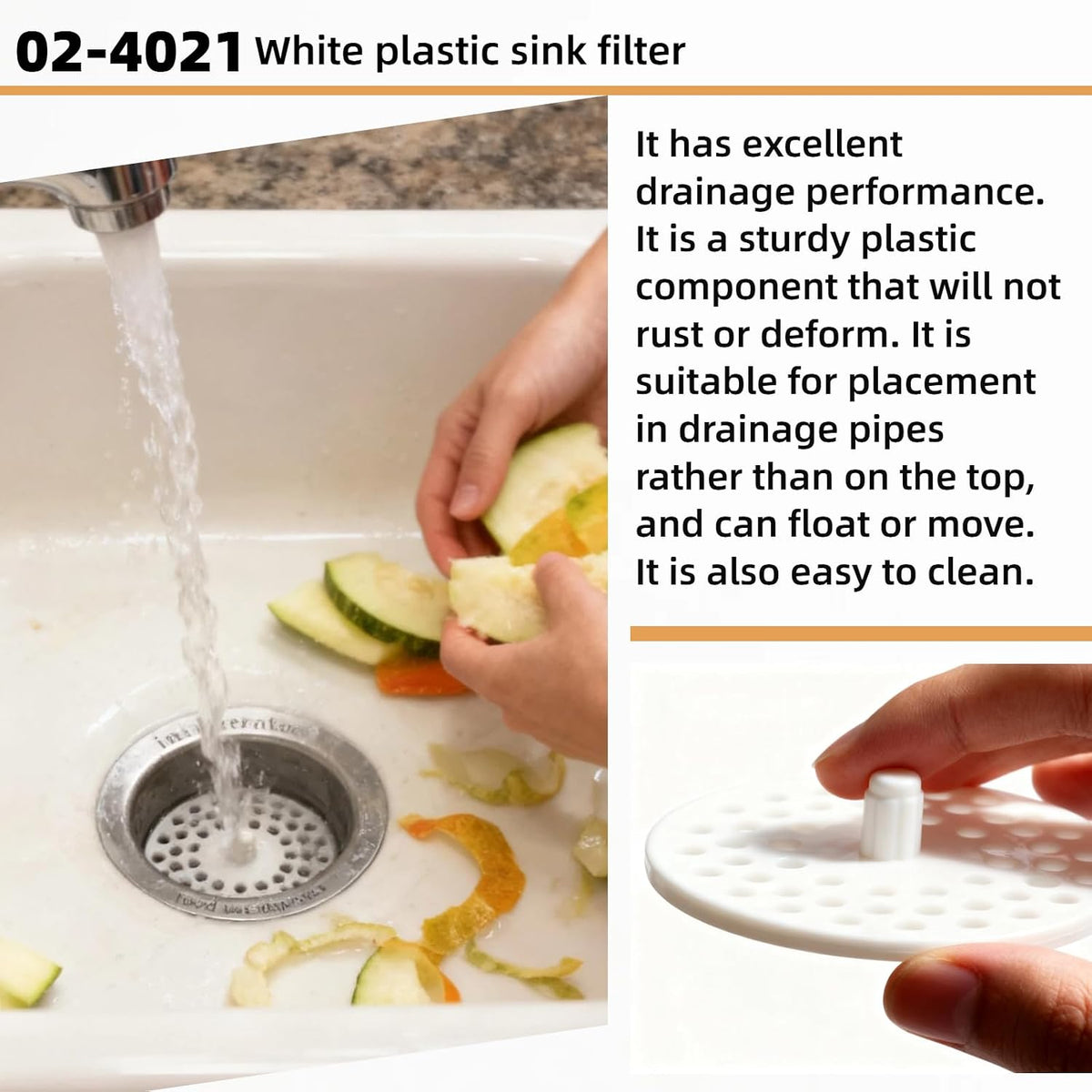 02-4021 White Plastic Disposal Sink Strainer (3.13in) is Suitable for Most Kitchen Drain Pipes, Replaces the Garbage Disposer Plug, and is Easy to Install a Basket Filter for Sink Drain Capture