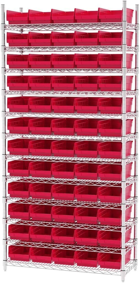 Akro-Mils 30130 Plastic Shelf Bins, Heavy Duty Storage Bins for Garage, Closet, and Drawer Organization, 12" x 6-1/2" x 4", Red, 12-Pack