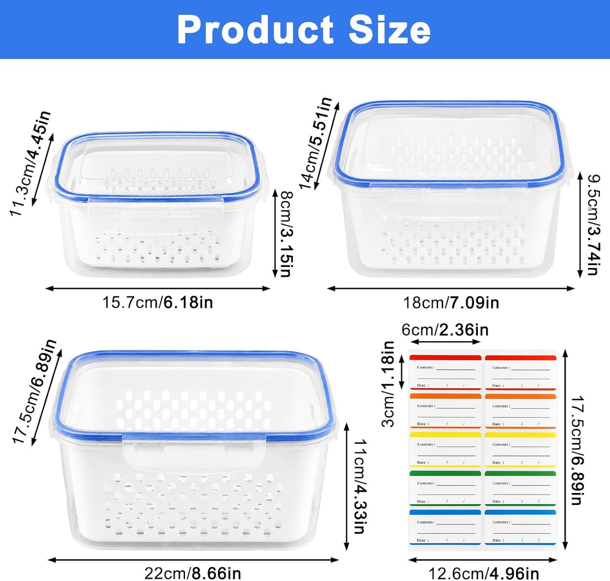 3 Pack Fruit Storage Containers for Fridge with Removable Colander,Airtight Produce Storage Containers with Lids Label Sheets, BPA-Free Berry Keeper for Fruit, Salad, Berry, Fresh(29oz+59oz+112oz)