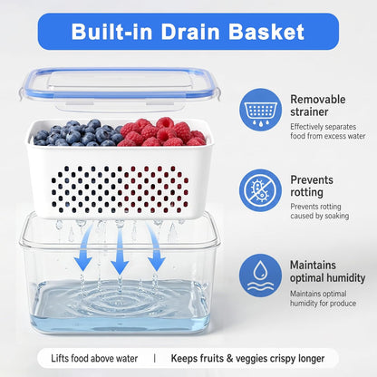 3 Pack Fruit Storage Containers for Fridge with Removable Colander,Airtight Produce Storage Containers with Lids Label Sheets, BPA-Free Berry Keeper for Fruit, Salad, Berry, Fresh(29oz+59oz+112oz)