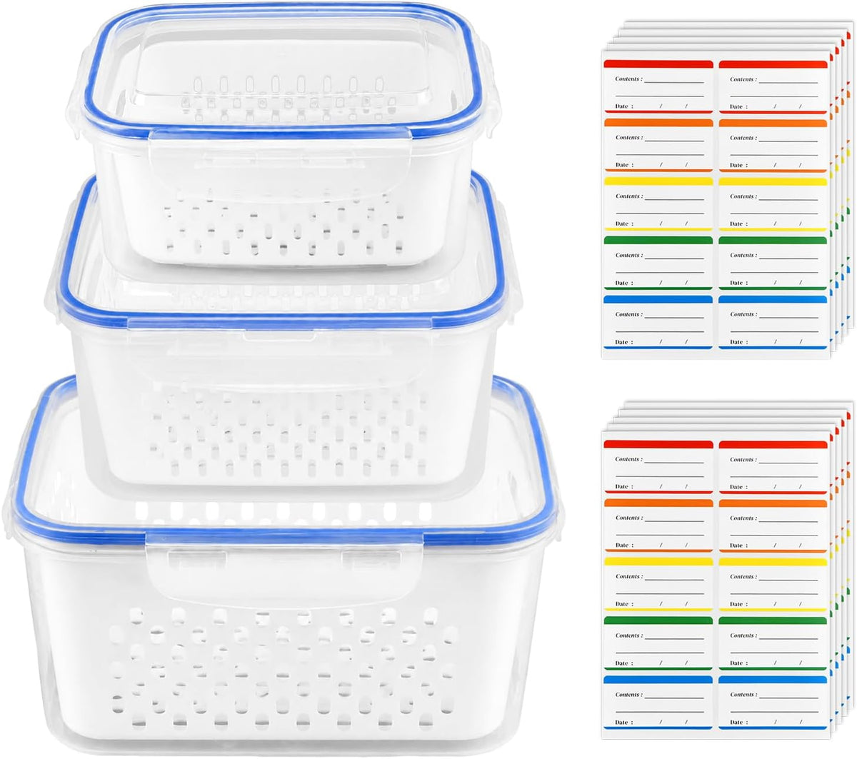 3 Pack Fruit Storage Containers for Fridge with Removable Colander,Airtight Produce Storage Containers with Lids Label Sheets, BPA-Free Berry Keeper for Fruit, Salad, Berry, Fresh(29oz+59oz+112oz)