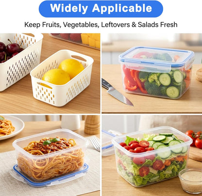 3 Pack Fruit Storage Containers for Fridge with Removable Colander,Airtight Produce Storage Containers with Lids Label Sheets, BPA-Free Berry Keeper for Fruit, Salad, Berry, Fresh(29oz+59oz+112oz)
