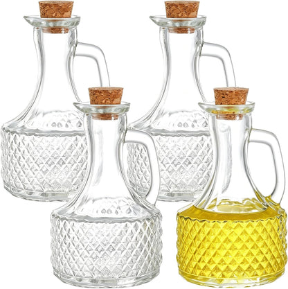 4 Pack Glass Oil and Vinegar Cruets Bottles, 13.5 Ounce Glass Olive Oil Dispenser Bottle with Handle and Cork, Soy Sauce Salad Dressing Syrup Liquid Dispenser for Kitchen